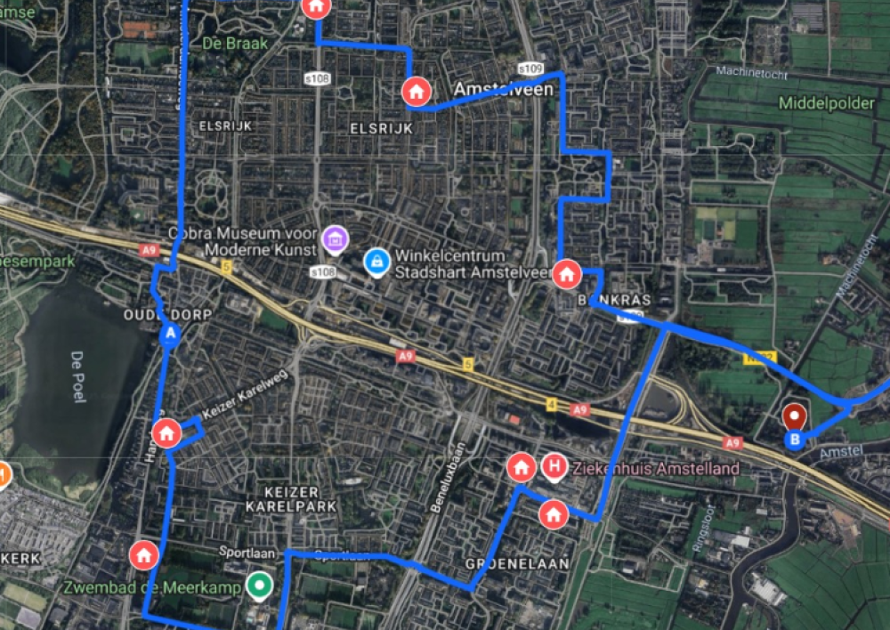 Kaart met route Amstel om Light tour