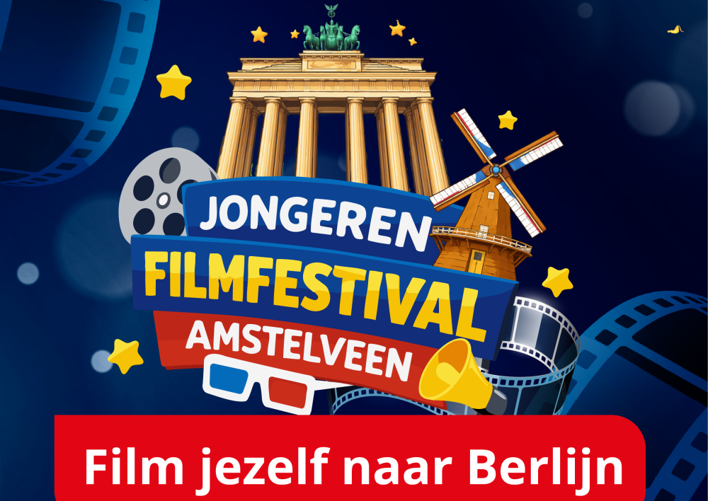Logo Jongeren Filmfestival Amstelveen met de tekst Film jezelf naar Berlijn
