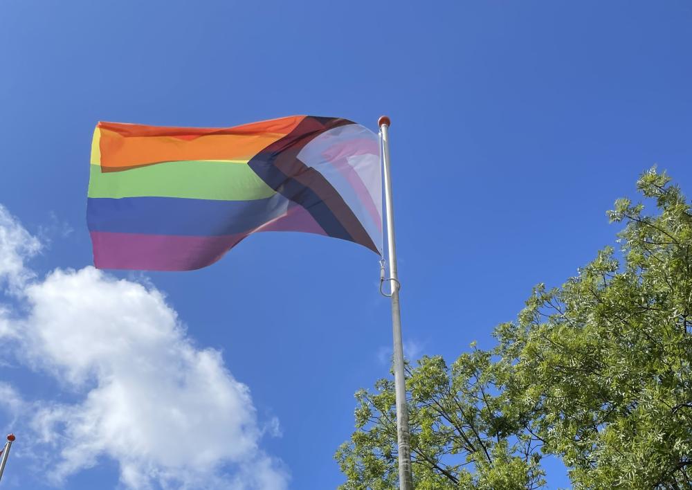 Wapperende LHBTIQ+ vlag buiten voor het raadhuis.