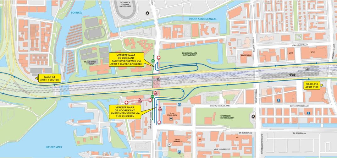 Lijnkaart afsluiting Amstelveenseweg