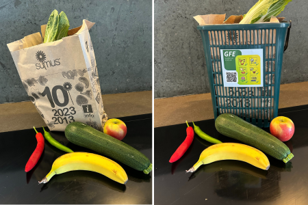 2 foto's naast elkaar. 1 met zakje en 1 met bakje en zakje