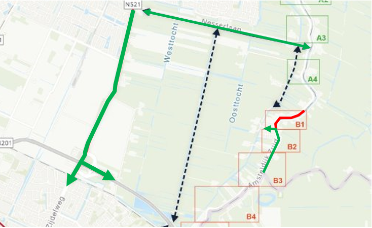 Omleidingsroutes aangegeven met gekleurde pijlen in een afbeelding