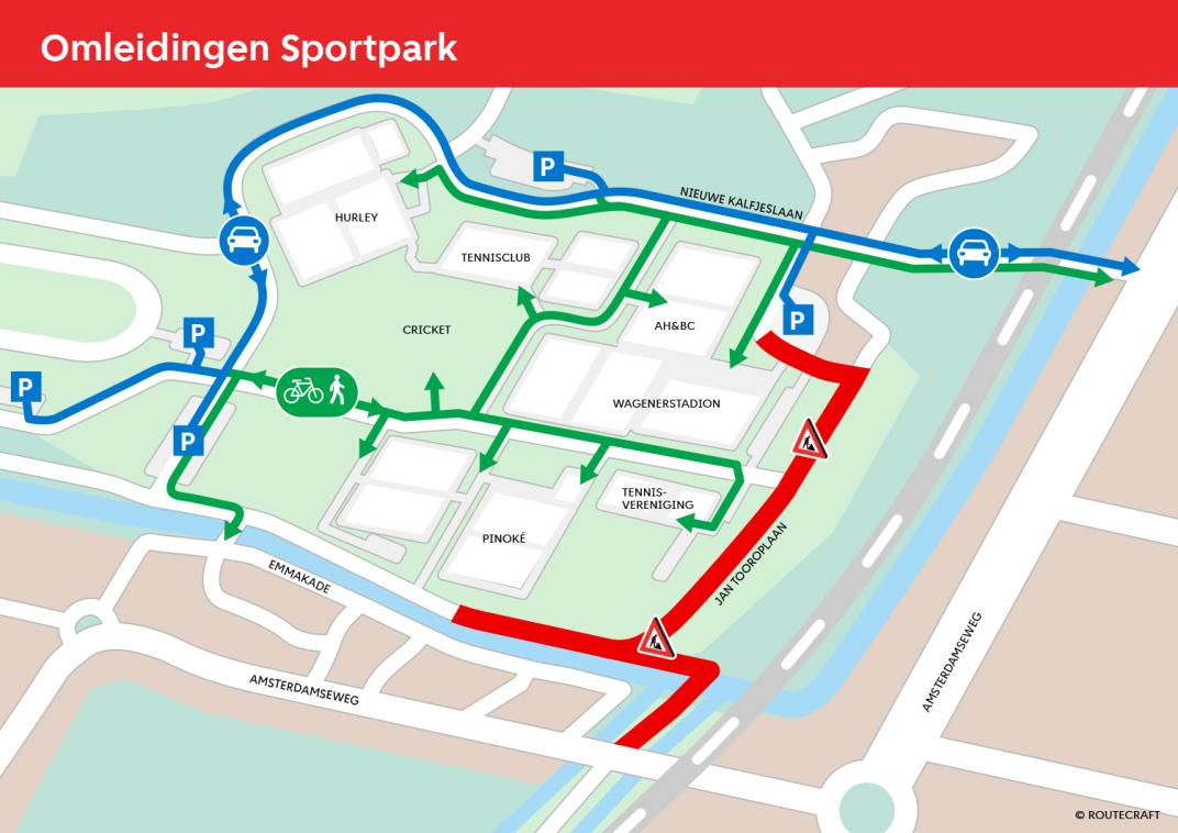 Kaart van een sportpark met omleidingen