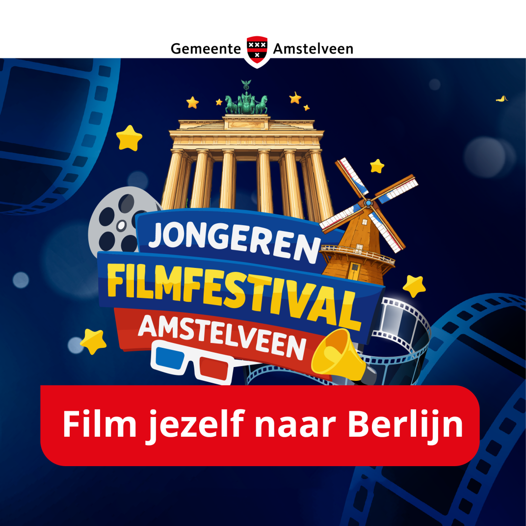Logo Jongeren Filmfestival Amstelveen met de tekst Film jezelf naar Berlijn