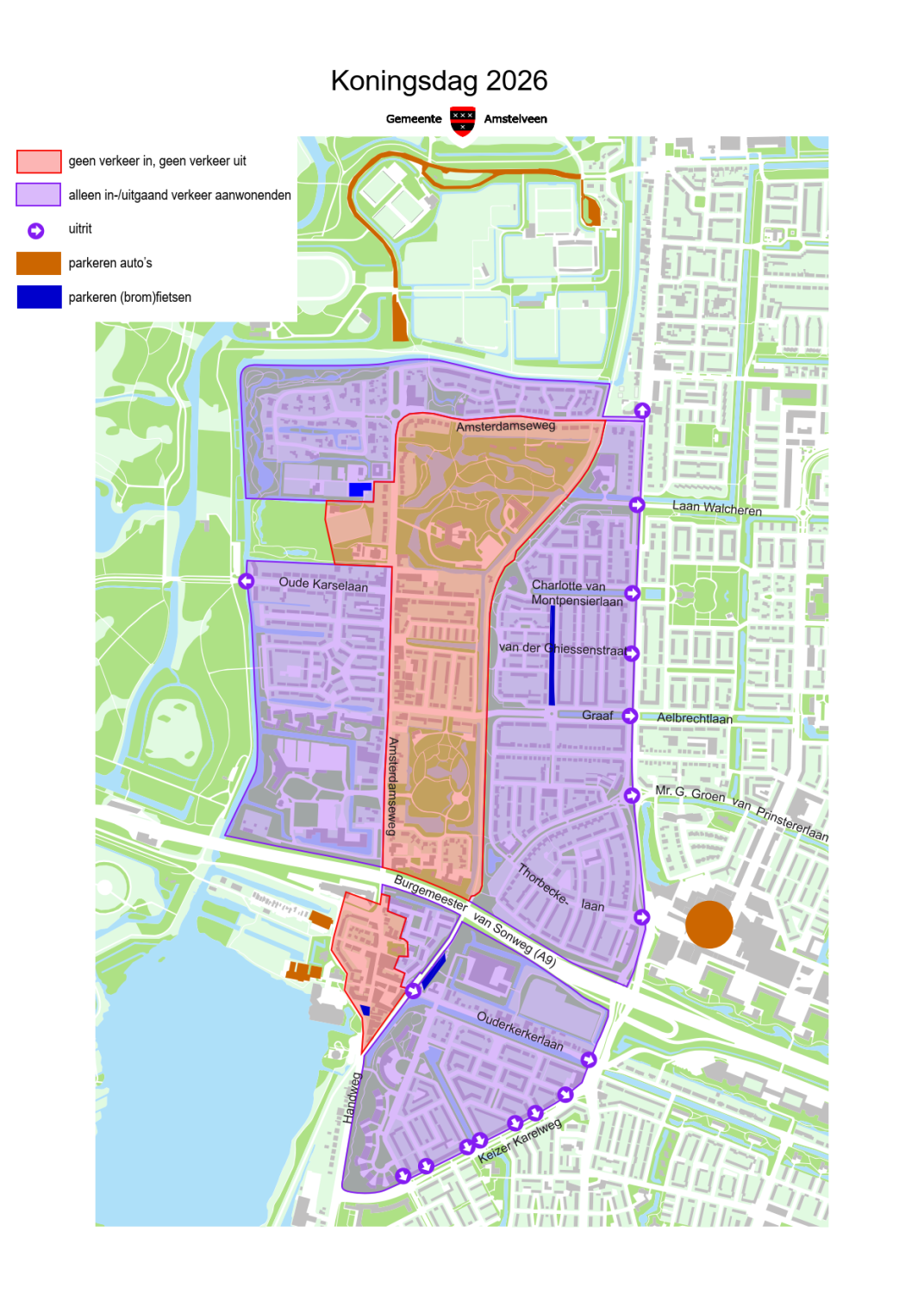 Kaart met afsluitingen van wegen tijdens Koningsdag